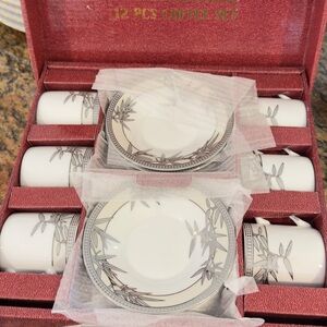 Porcelain White and Silver Bamboo-Accent Coffee Cup and Saucer Set